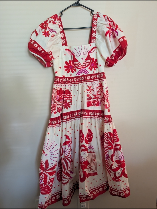 FARM Rio Dresses & Skirts - FARM Rio Red & White Toucan Tropical Print Puff Sleeve Tiered Midi Dress XS